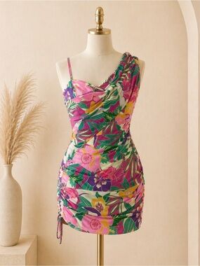 Flying Tomato One-Shoulder Floral Mini Dress in Pink, Green & Yellow